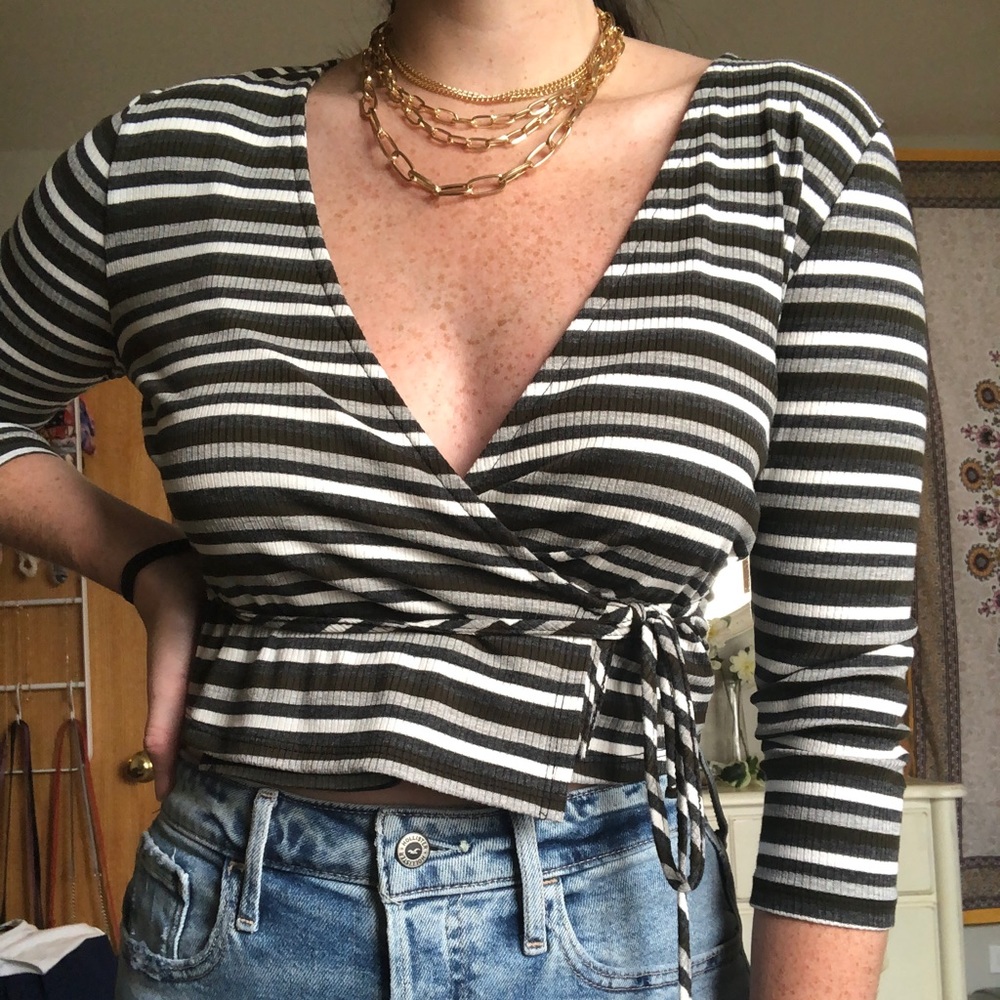 striped long sleeve tie wrap top